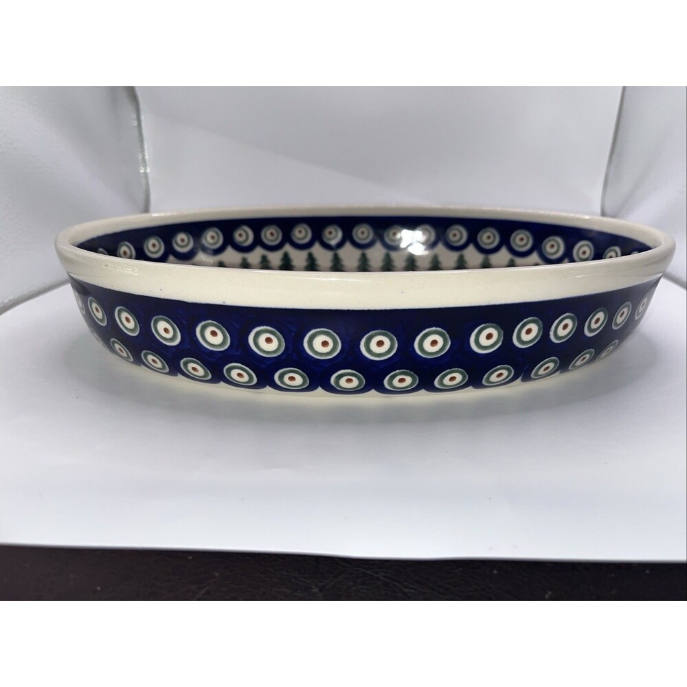 Zaklady Boleslawiec Polish Pottery 11” Oval Baker Blue Pine Tree Casserole Dish